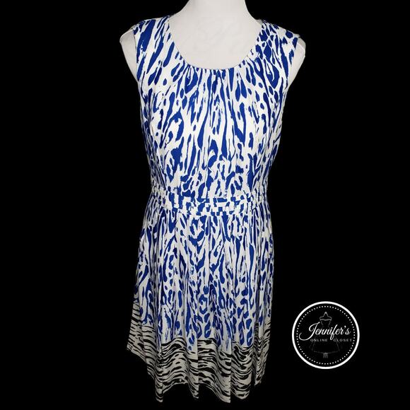 Ellen Tracy Blue, Black and White Animal Print Sleeveless Dress Size 10 - Picture 1 of 8